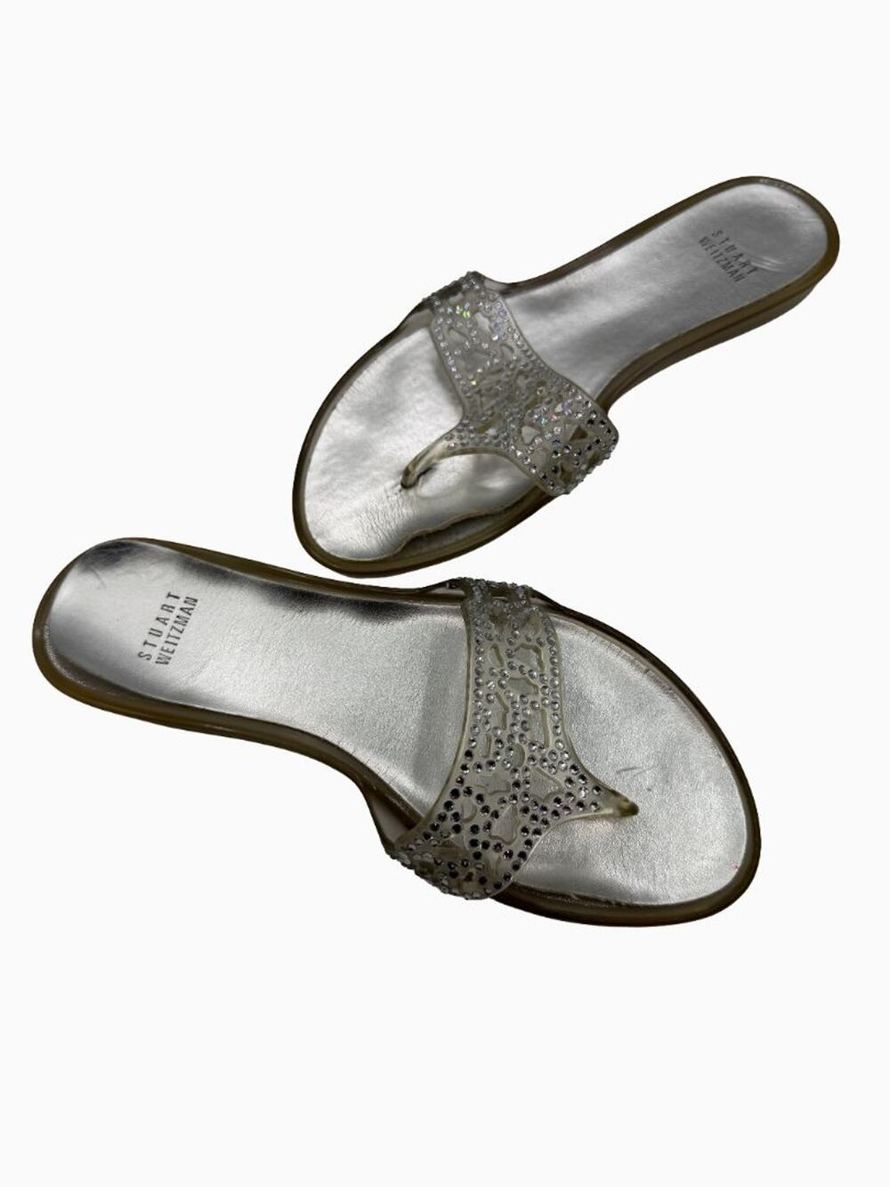 Stuart Weitzman Crystal Jelly Thong Sandals Silver Clear Rhinestone Slides US 9